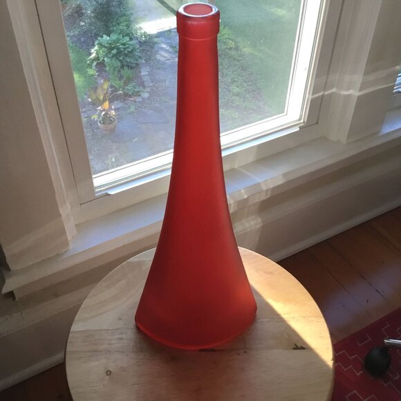 Pair VTG Asymmetrical Conical Frosted Glass Vases Red Teal Numbered Stamped 14" - Picture 8 of 10